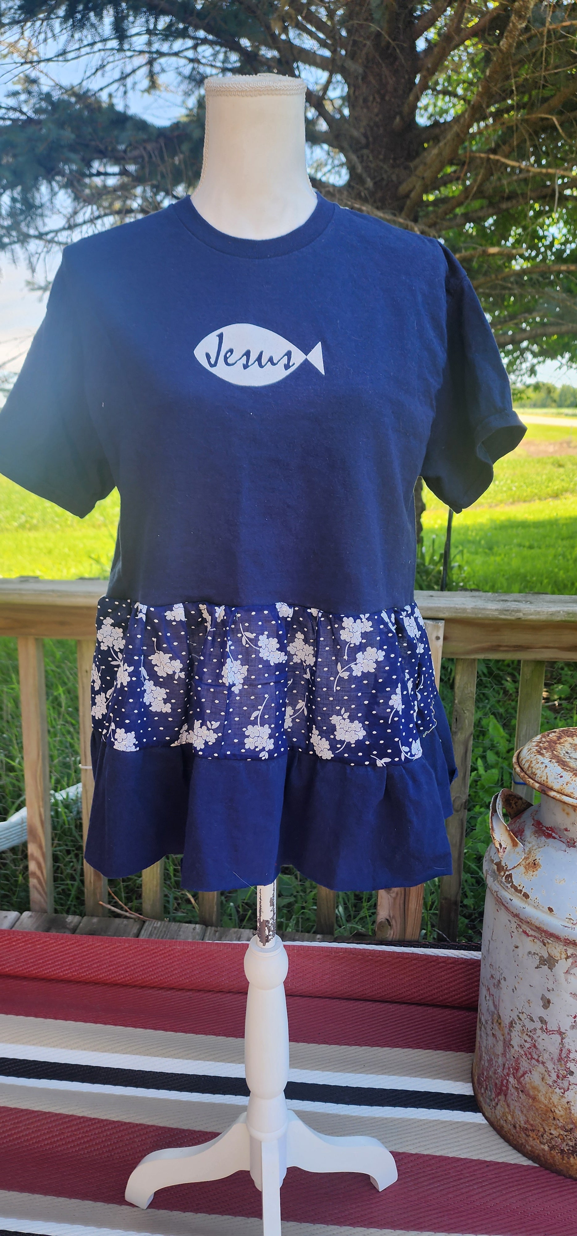 Navy Jesus Ruffle Bottom Top (M/L)