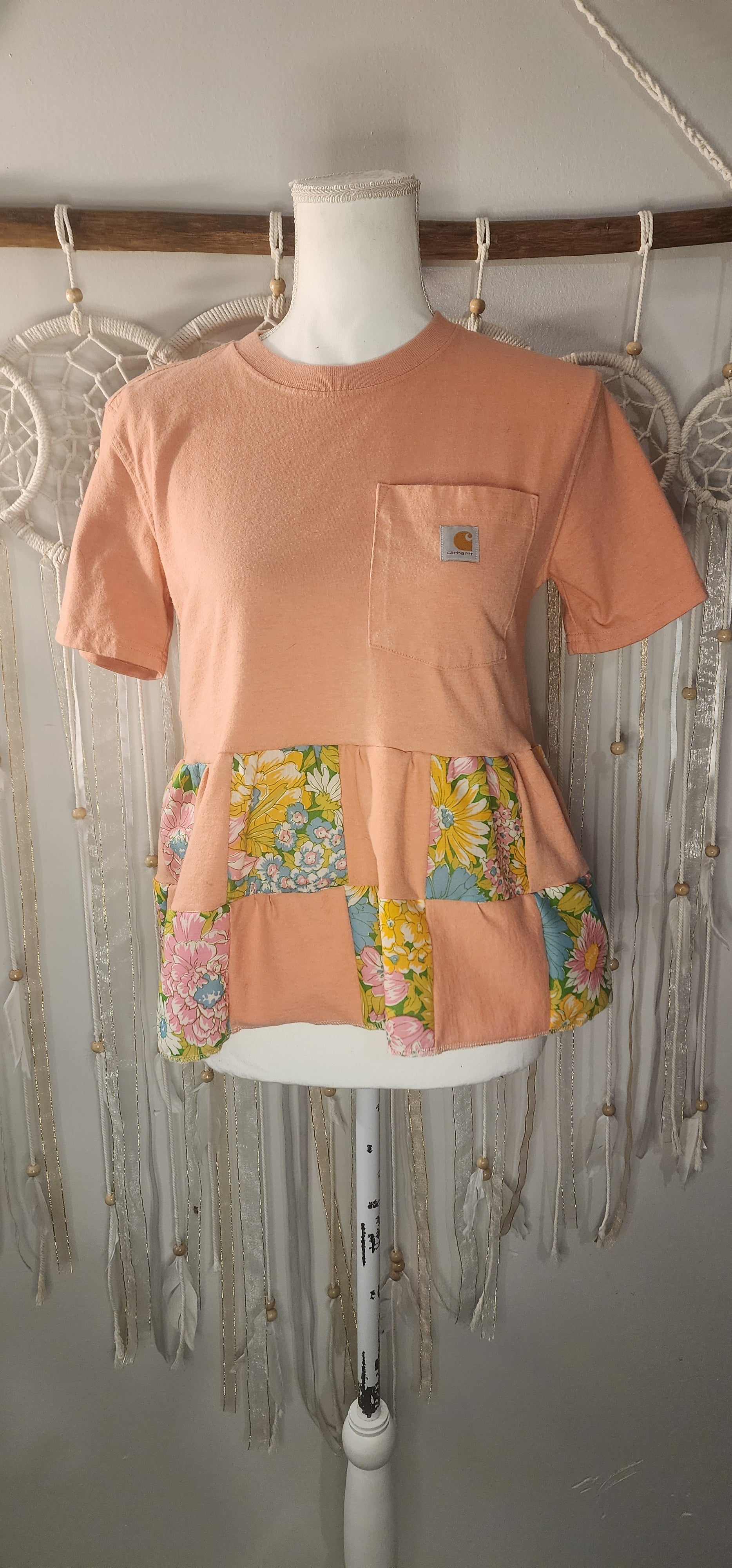 Upcycle Carhartt tee with Vintage Floral patchwork